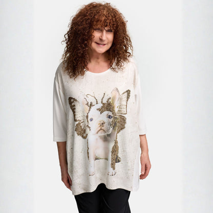 Frenzi4u A-Linie Shirt Französische Bulldogge Glitzerprint Creme