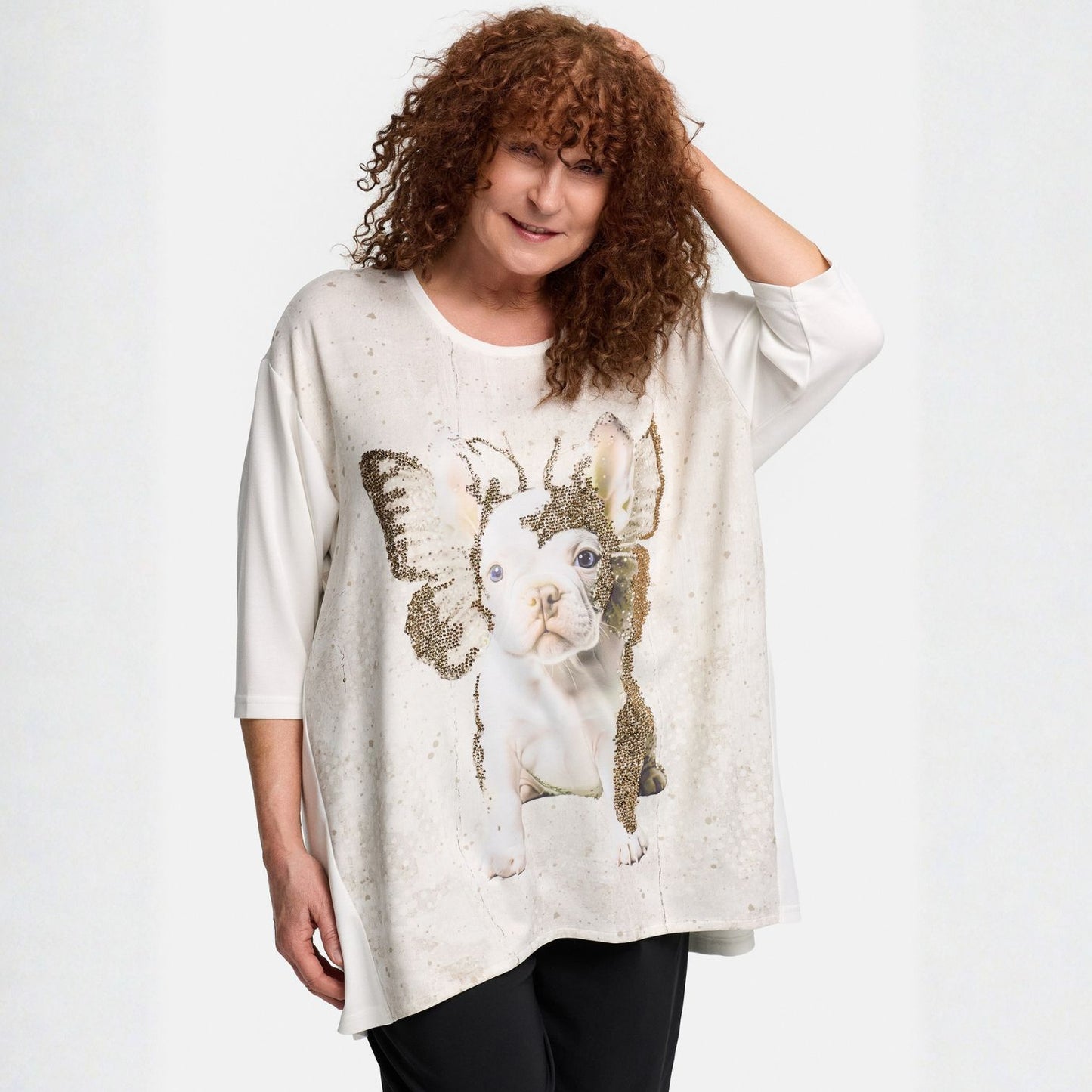 Frenzi4u A-Linie Shirt Französische Bulldogge Glitzerprint Creme