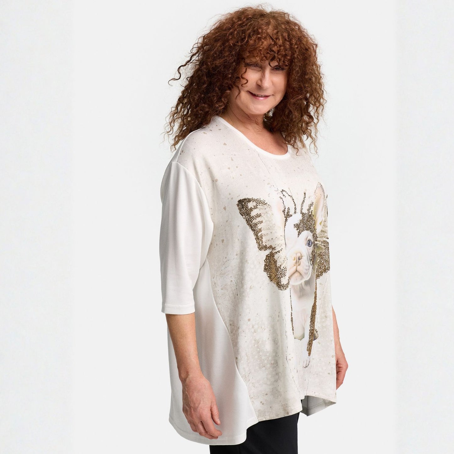 Frenzi4u A-Linie Shirt Französische Bulldogge Glitzerprint Creme
