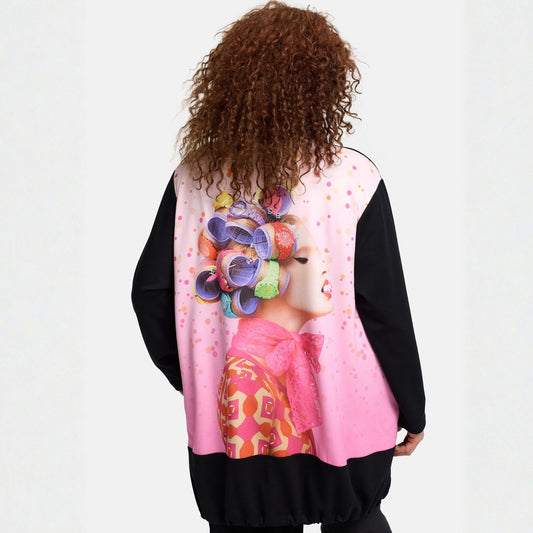 Frenzi4u Oversize Jacke mit Reißverschluss, Kordel & Strass Druck Rücken Schwarz / Pink