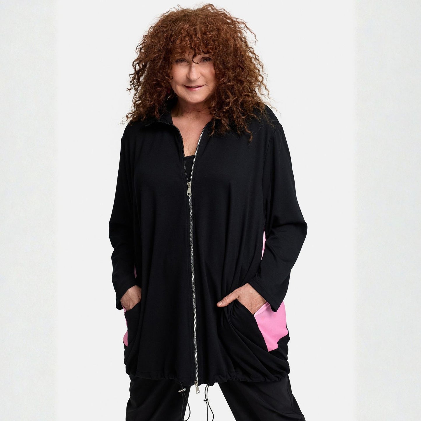 Frenzi4u Oversize Jacke mit Reißverschluss, Kordel & Strass Druck Rücken Schwarz / Pink