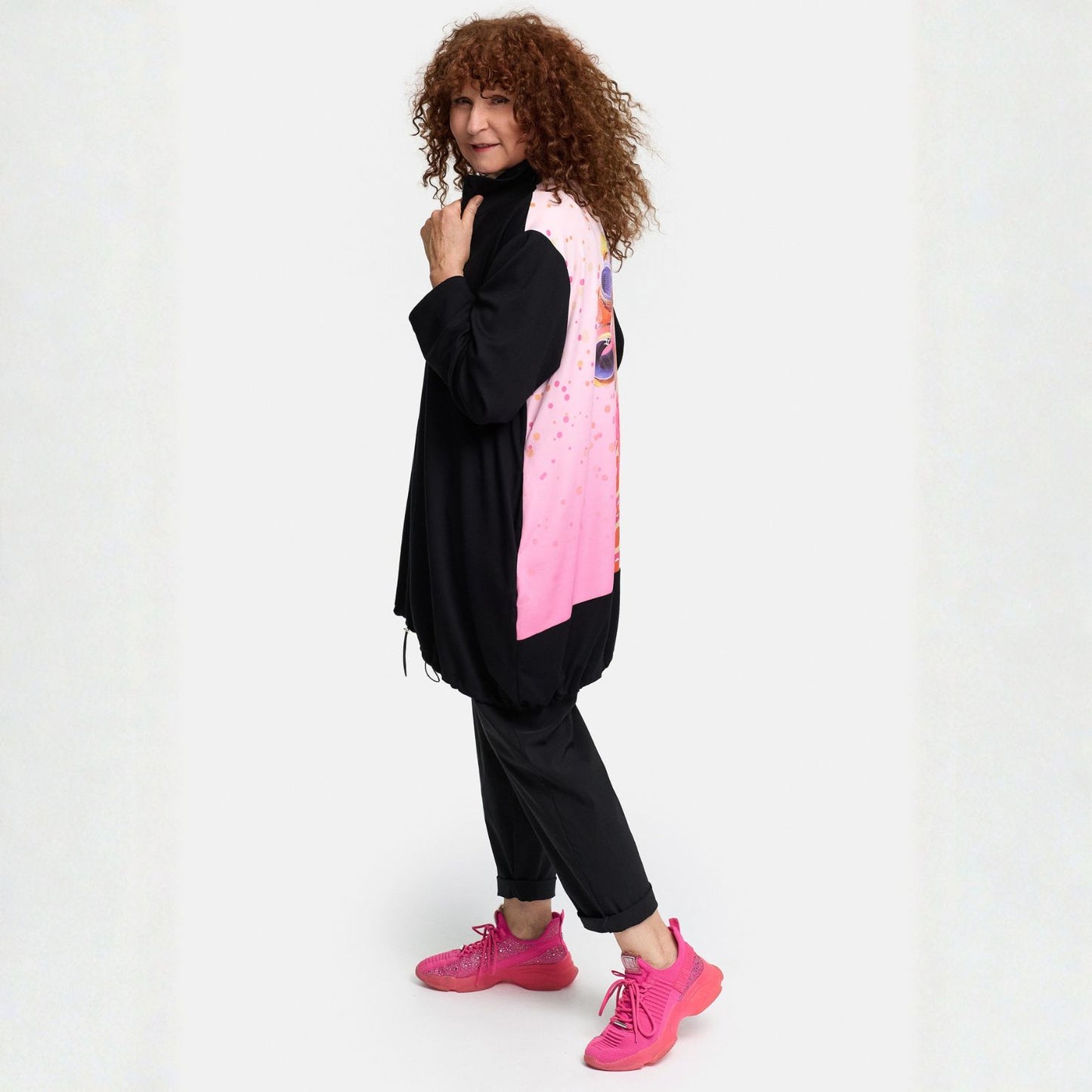 Frenzi4u Oversize Jacke mit Reißverschluss, Kordel & Strass Druck Rücken Schwarz / Pink