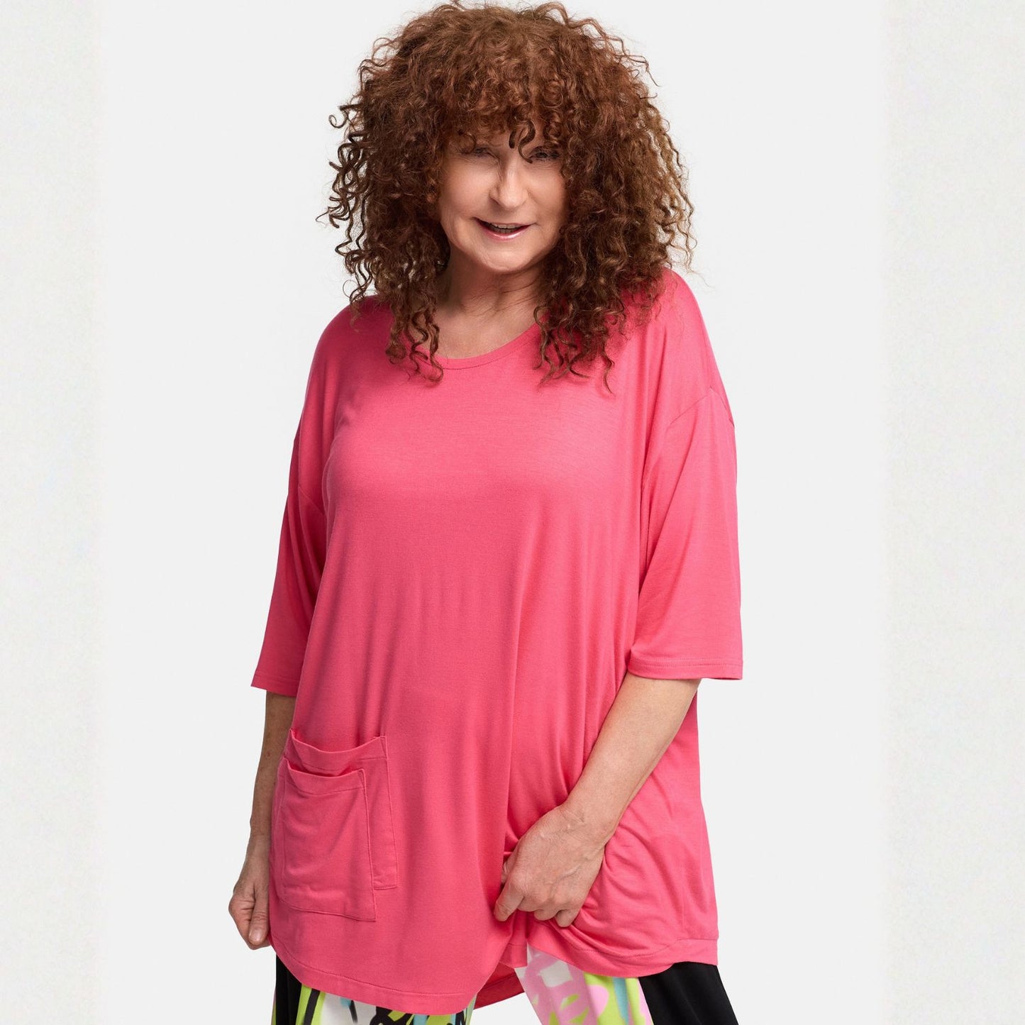 Frenzi4u Shirt Doppel-Tasche Rundhals Kiwi Koralle Schwarz