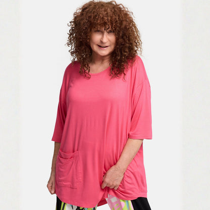 Frenzi4u Shirt Doppel-Tasche Rundhals Kiwi Koralle Schwarz