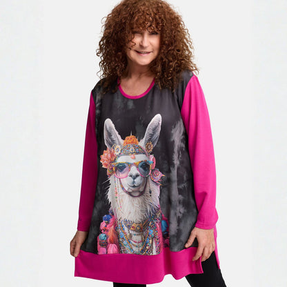 Frenzi4U Shirt Lama Print Strass Pink