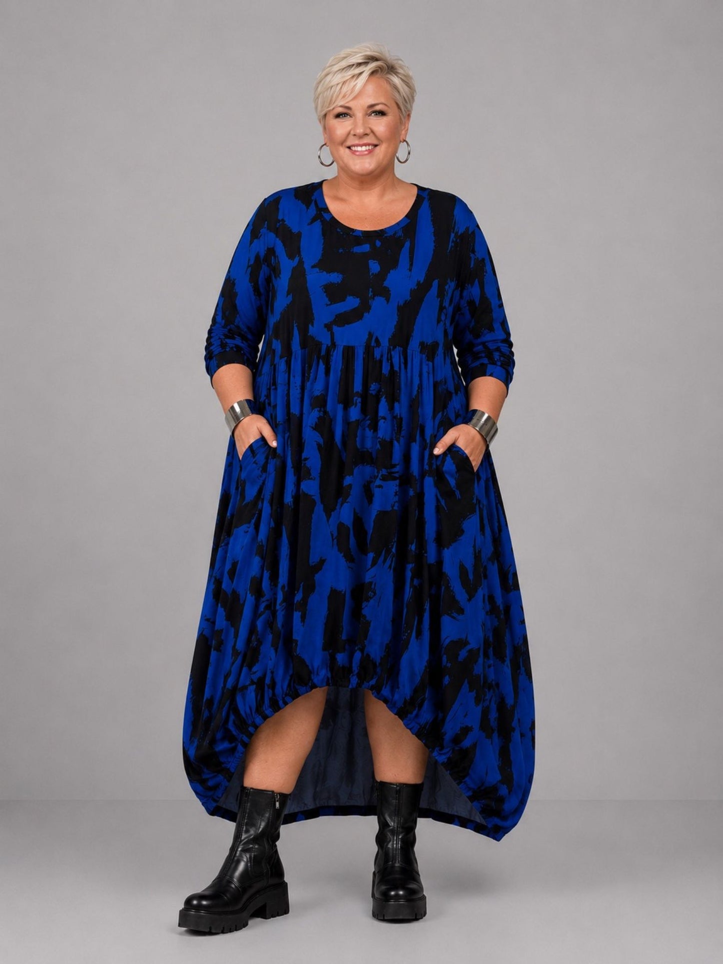 Funky Diva Kleid Ballonform Pinselstrich-Druck – Blau, Einheitsgröße 46–56