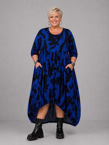 Funky Diva Kleid Ballonform Pinselstrich-Druck – Blau, Einheitsgröße 46–56