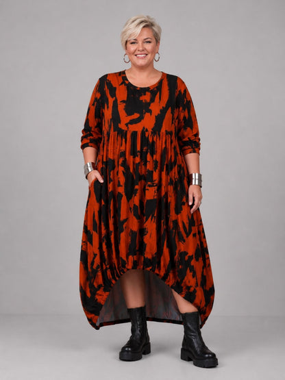 Funky Diva Kleid Ballonform Pinselstrich-Druck – Orangerot, Einheitsgröße 46–56