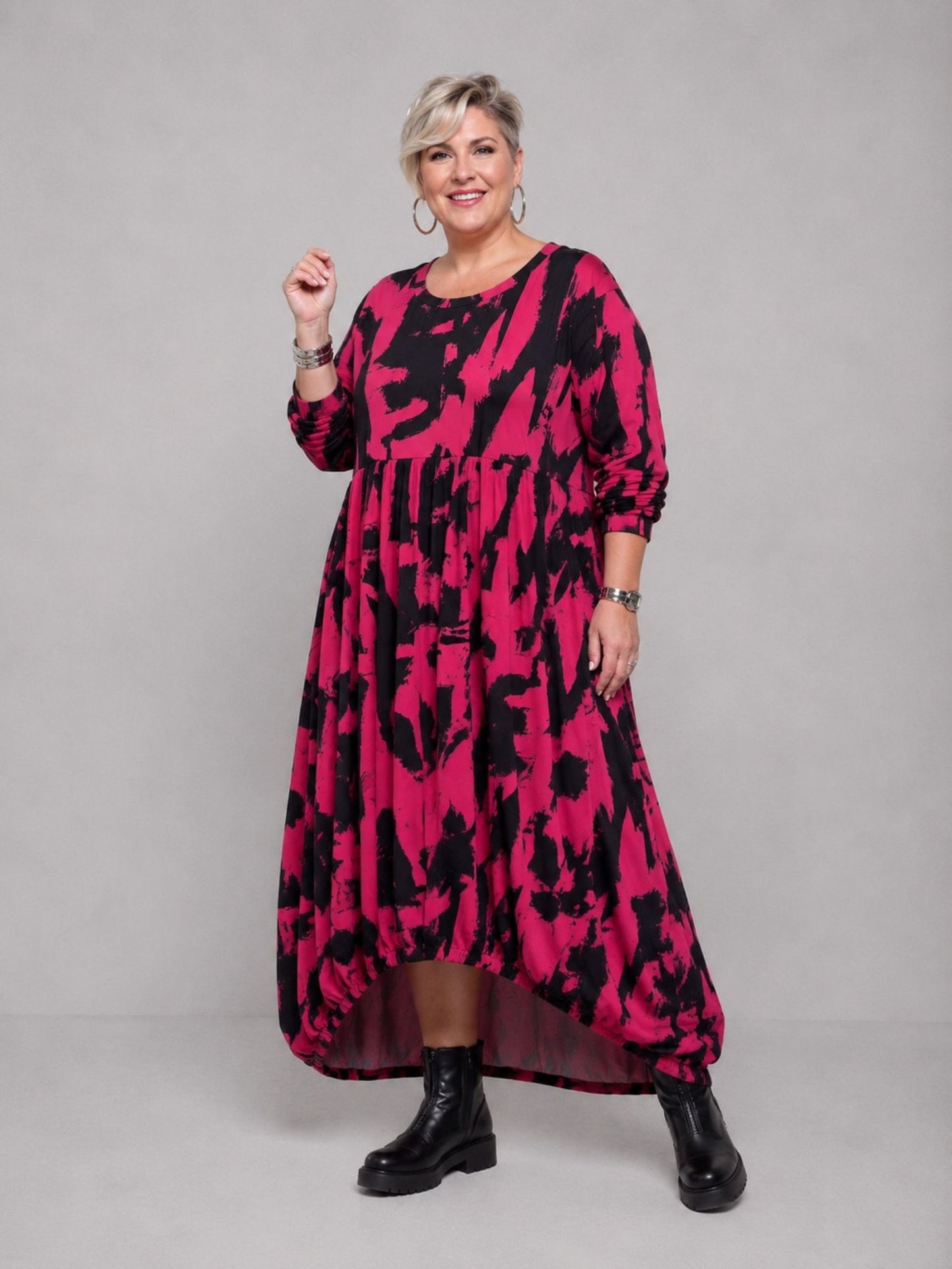 Funky Diva Kleid Ballonform Pinselstrich-Druck – Pink, Einheitsgröße 46–56