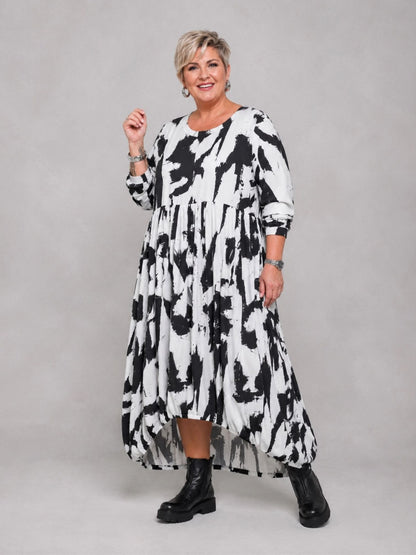 Funky Diva Kleid Ballonform Pinselstrich-Druck – Weiß, Einheitsgröße 46–56