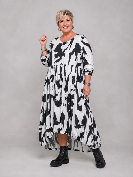 Funky Diva Kleid Ballonform Pinselstrich-Druck – Weiß, Einheitsgröße 46–56
