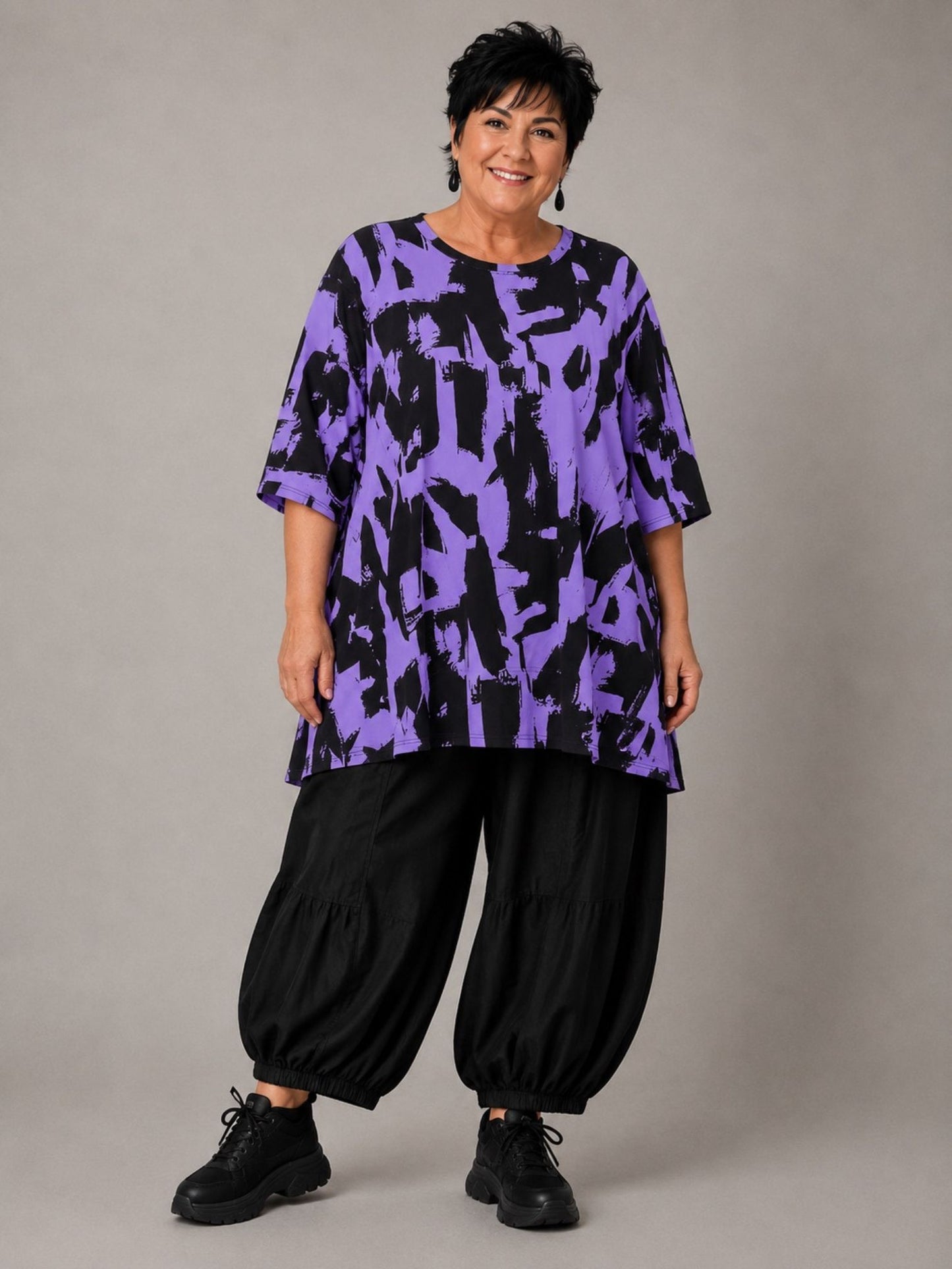 Funky Diva Shirt Pinselstrich-Druck A-Linie – Lila, Weiß, Blau, Orangerot, Pink, Einheitsgröße 46–56