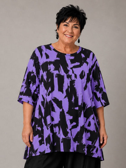Funky Diva Shirt Pinselstrich-Druck A-Linie – Lila, Weiß, Blau, Orangerot, Pink, Einheitsgröße 46–56