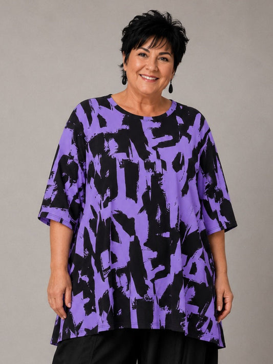 Funky Diva Shirt Pinselstrich-Druck A-Linie – Lila, Einheitsgröße 46–56