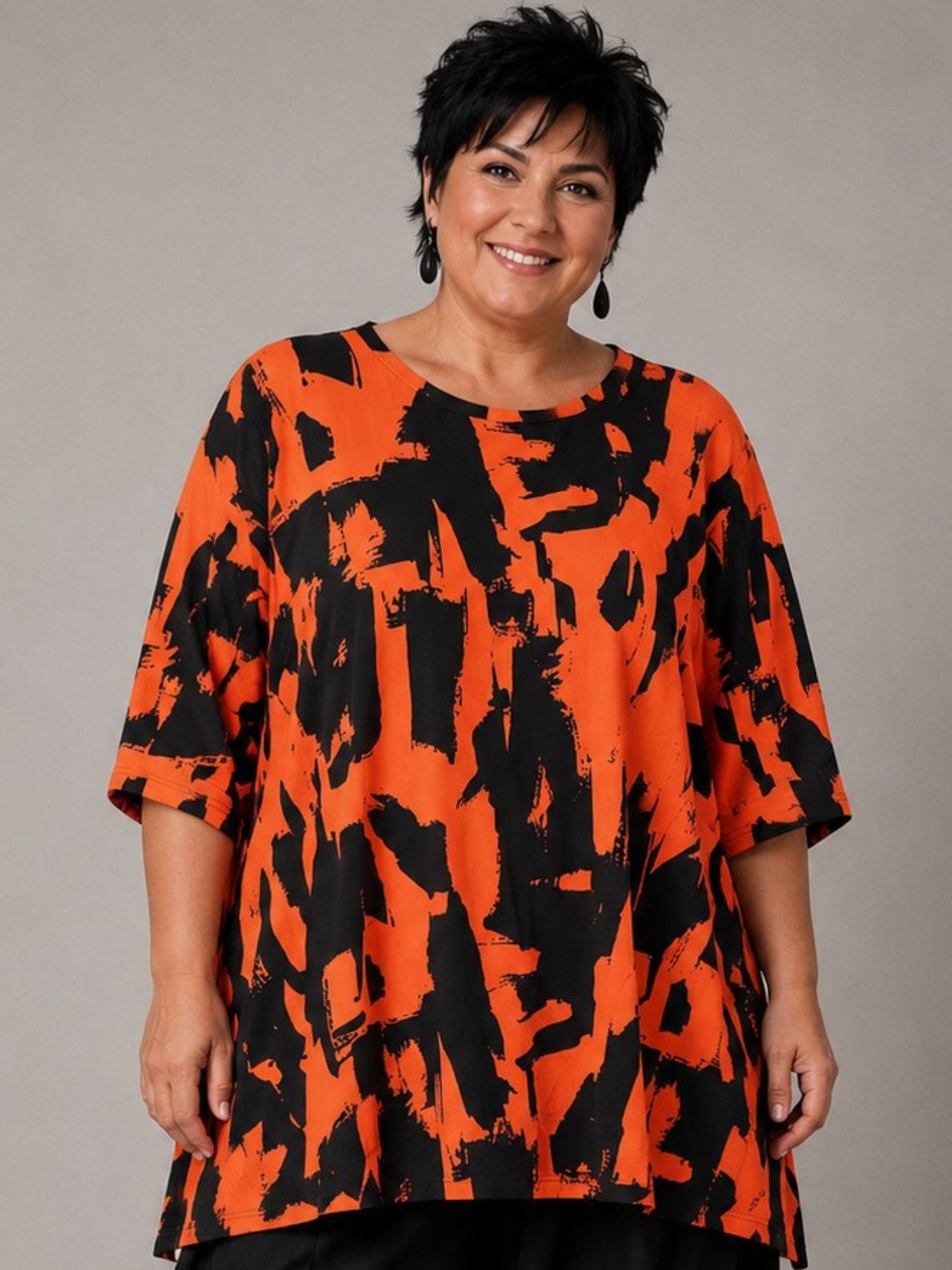 Funky Diva Shirt Pinselstrich-Druck A-Linie – Orangerot, Einheitsgröße 46–56