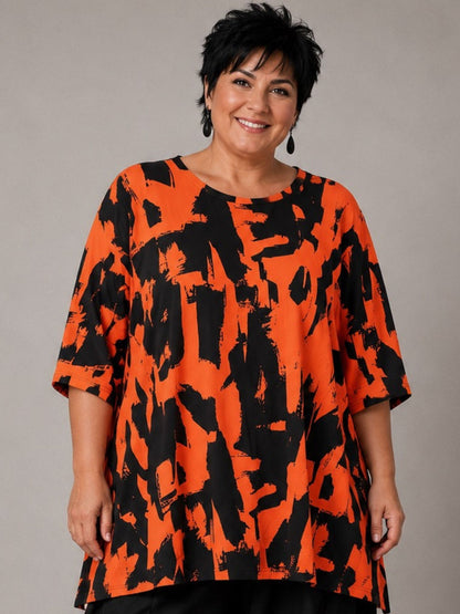 Funky Diva Shirt Pinselstrich-Druck A-Linie – Orangerot, Einheitsgröße 46–56