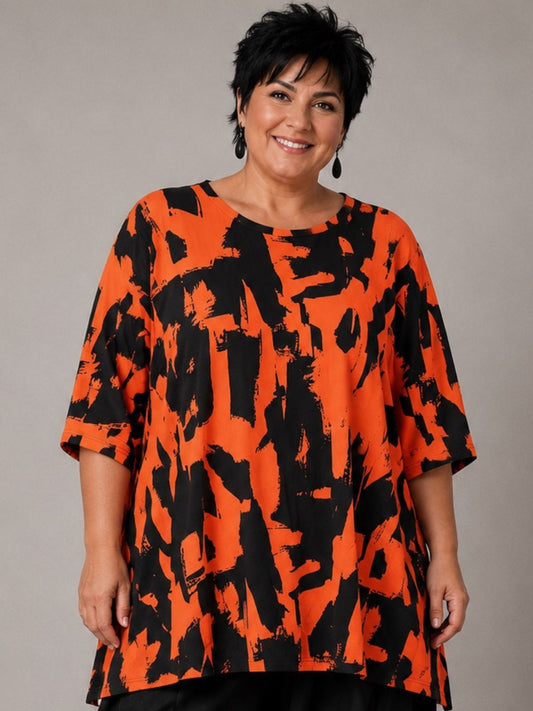 Funky Diva Shirt Pinselstrich-Druck A-Linie – Orangerot, Einheitsgröße 46–56