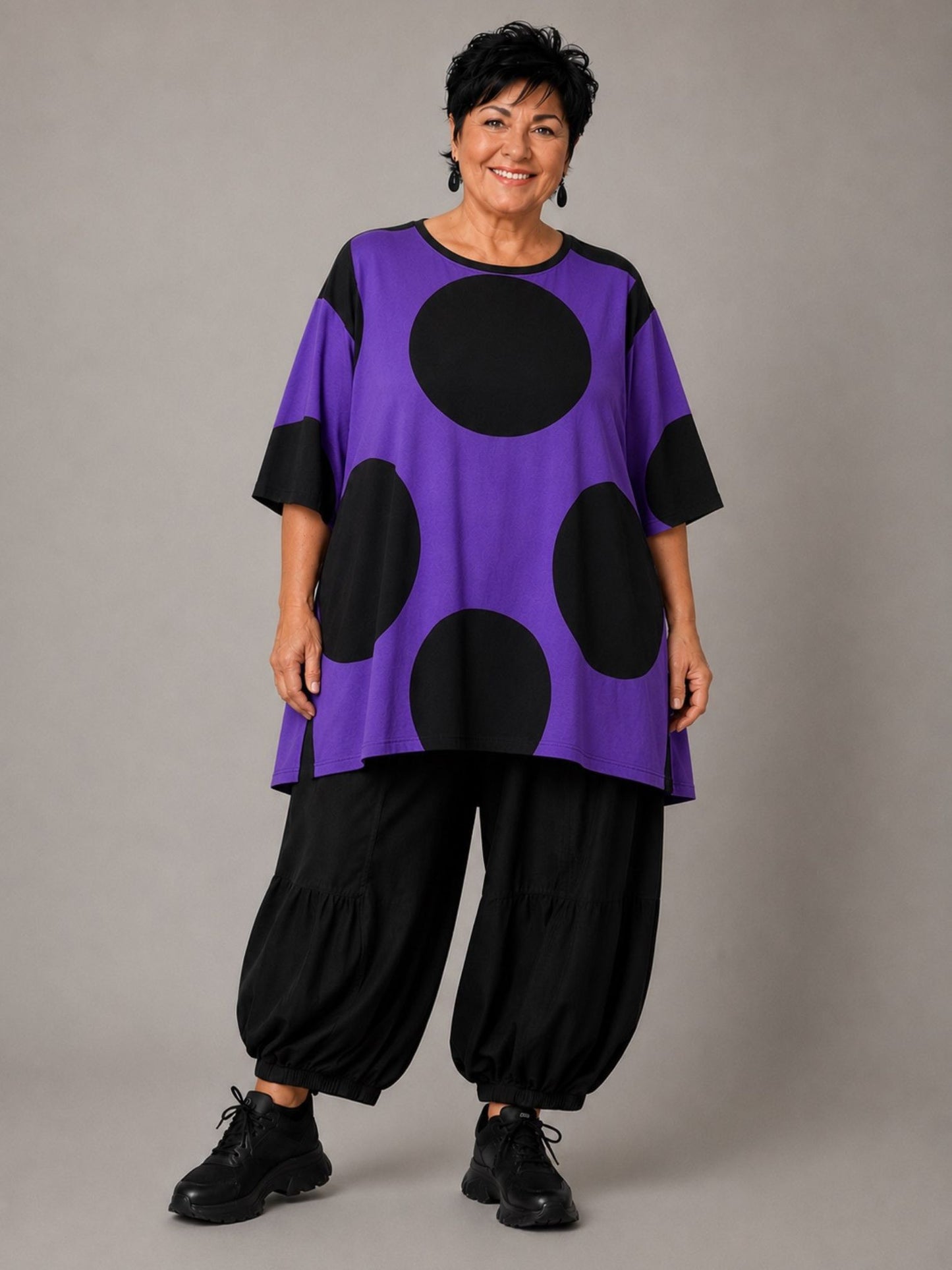 Funky Diva Shirt große Punkte A-Linie – Lila, Weiß, Blau, Orangerot, Pink, Einheitsgröße 46–56