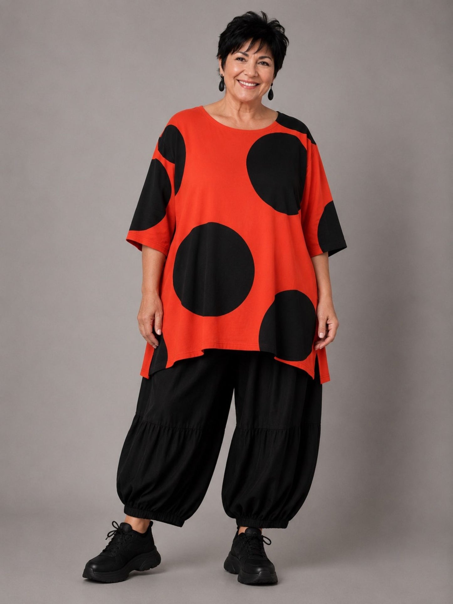 Funky Diva Shirt große Punkte A-Linie – Orangerot, Einheitsgröße 46–56