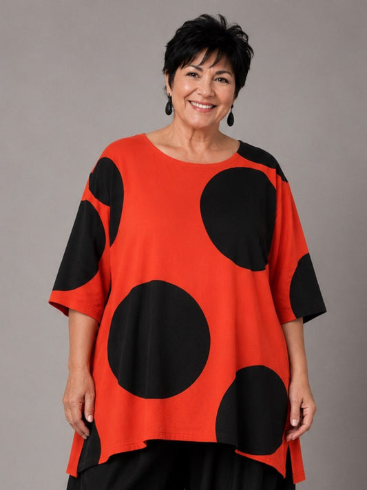 Funky Diva Shirt große Punkte A-Linie – Orangerot, Einheitsgröße 46–56