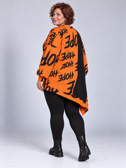 Oranges Longshirt mit HOPE-Schriftzug und schrägem Zipfelsaum, Rückansicht