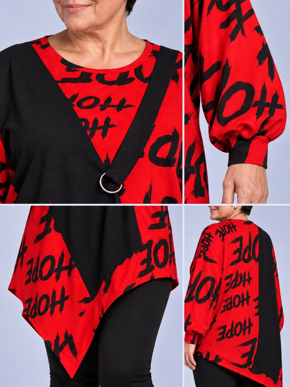 Rotes Longshirt: Band mit silbernem Ring, Ärmelbündchen und Zipfelsaum, Detailansicht