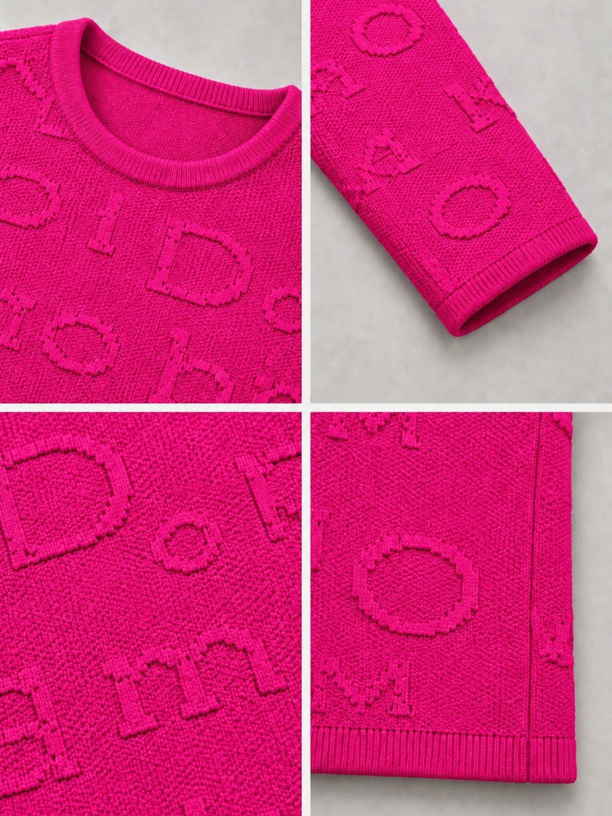 Buchstaben-Relief im Strick des pinkfarbenen Pullovers, Detailansicht