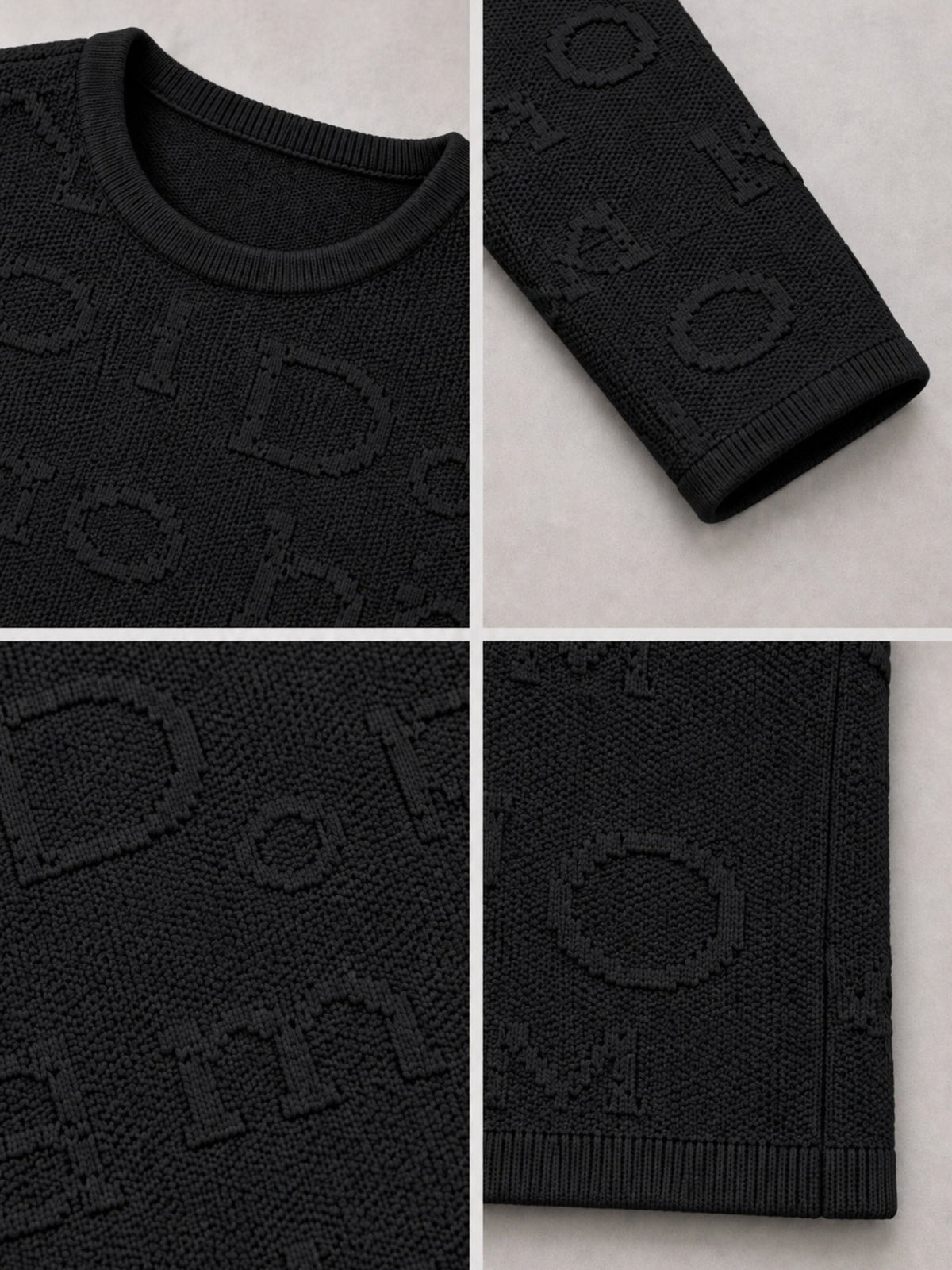 Buchstaben-Relief im Strick des schwarzen Pullovers, Detailansicht