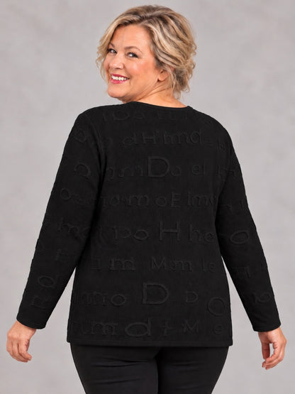 Schwarzer Strickpullover mit Buchstaben-Relief, Rückansicht