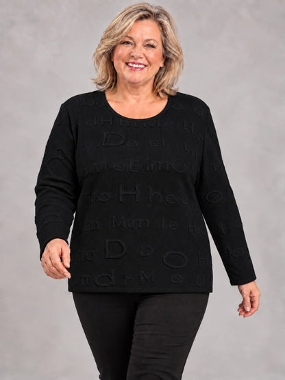 Schwarzer Strickpullover mit Buchstaben-Relief, Vorderansicht