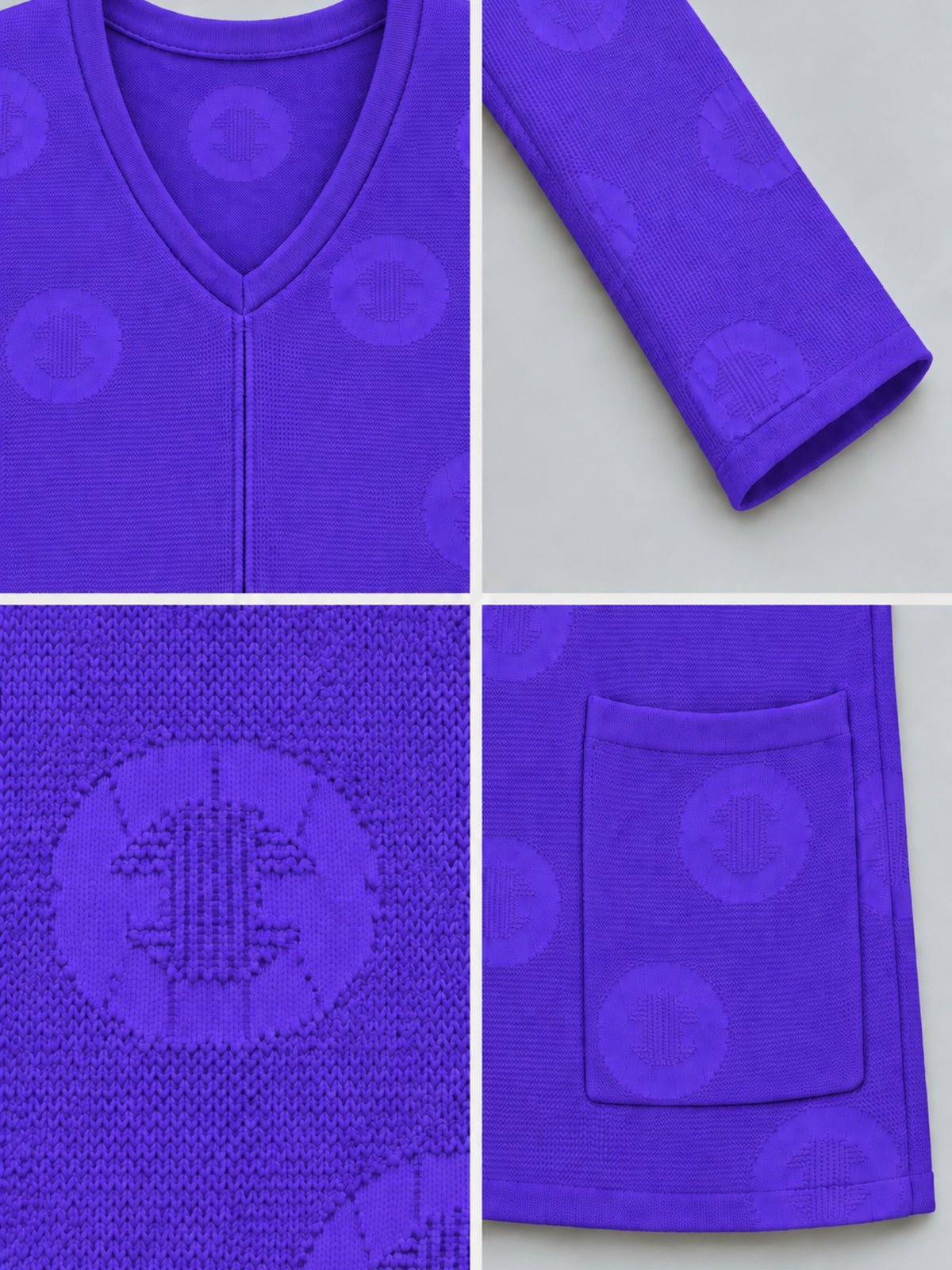 H-Muster im Strick des lila Pullovers, Detailansicht