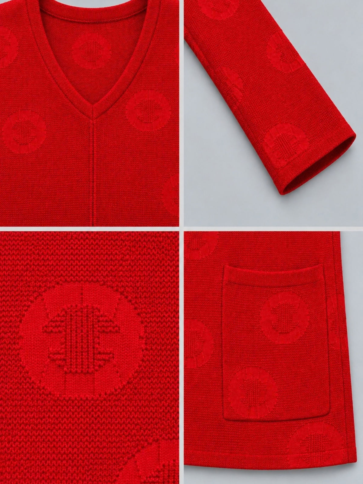 H-Muster im Strick des roten Pullovers, Detailansicht