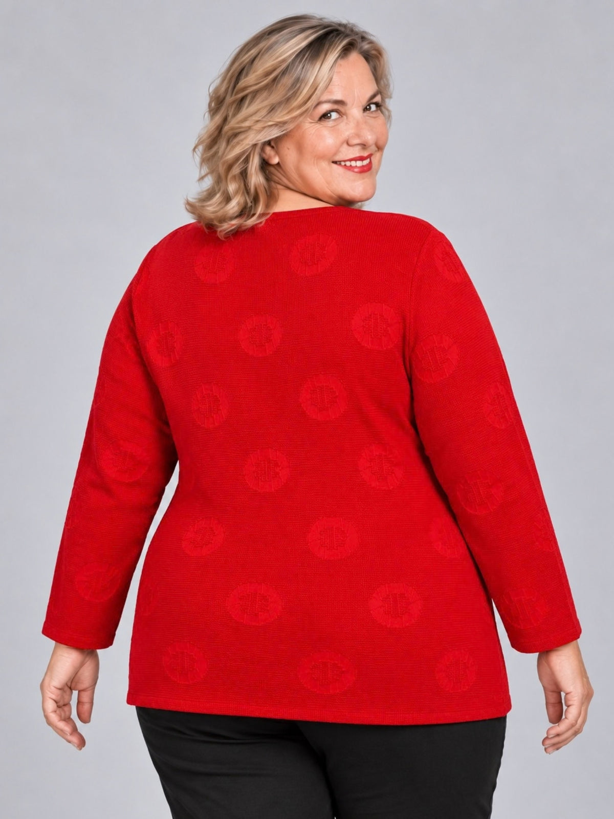 Roter Strickpullover mit H-Muster, Rückansicht