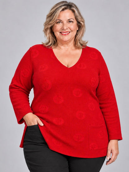 Roter Strickpullover mit H-Muster und V-Ausschnitt, Vorderansicht