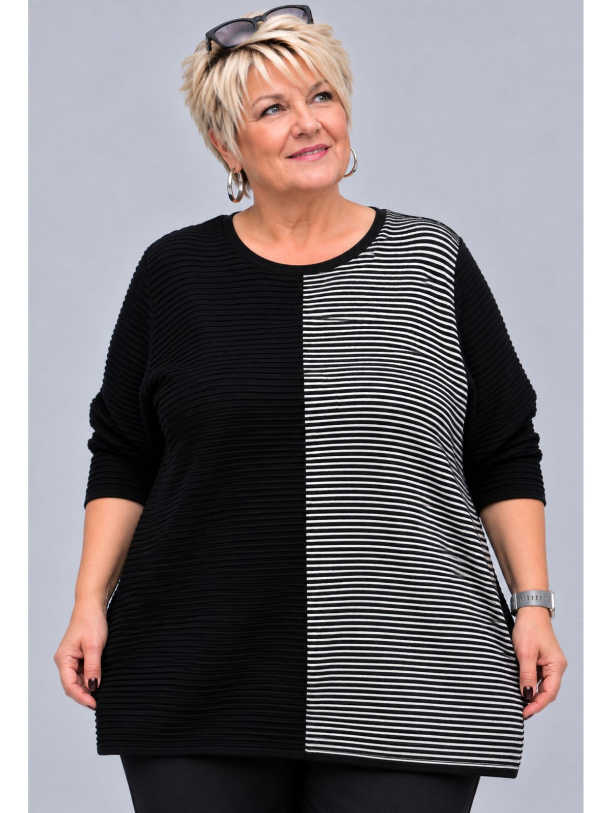 Heimod Strickpullover Baumwolle zweifarbig mit Wende-Loop – Marine/Weiß Gr. 44–60