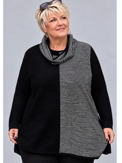 Heimod Strickpullover Baumwolle zweifarbig mit Wende-Loop – Marine/Weiß Gr. 44–60