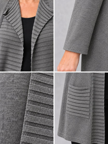 Querrippen an Kragen und Tasche der grauen Feinstrickjacke, Detailansicht