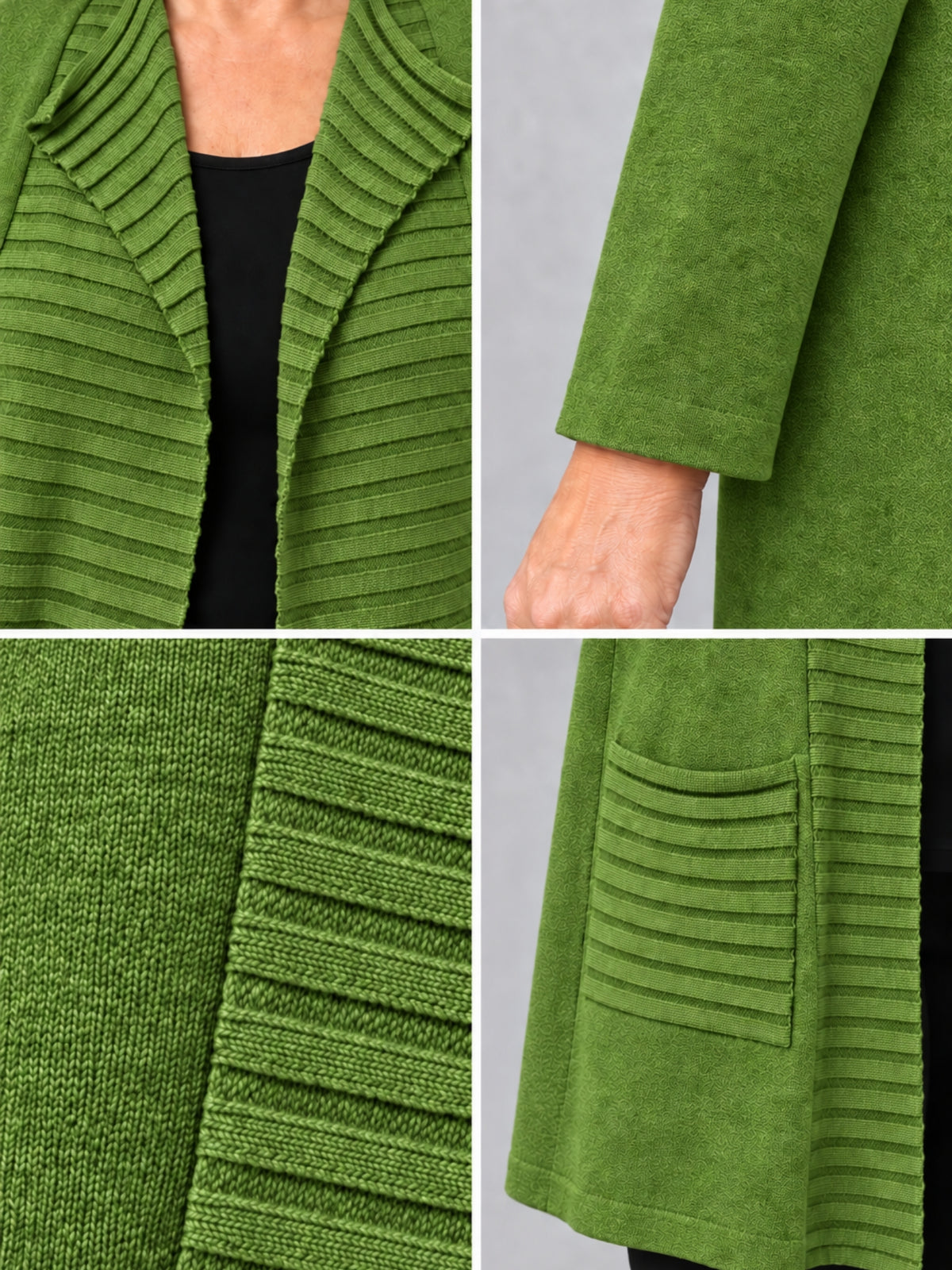 Kragen, Ärmel, Strick und gerippte Tasche der grünen Feinstrickjacke, Detailansicht