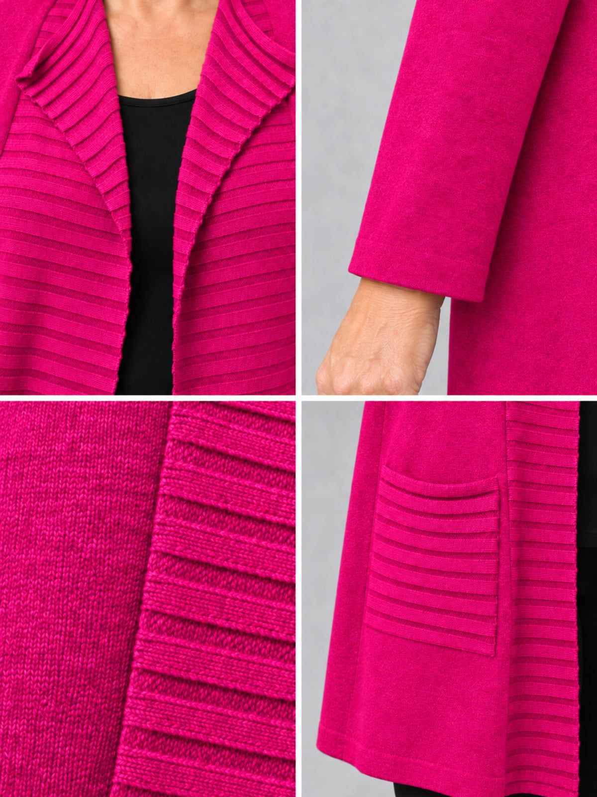 Querrippen an Kragen und Tasche der pinken Feinstrickjacke, Detailansicht