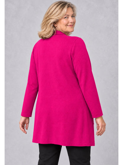 Pinke Feinstrickjacke mit feinem Reliefmuster am Rücken, Rückansicht