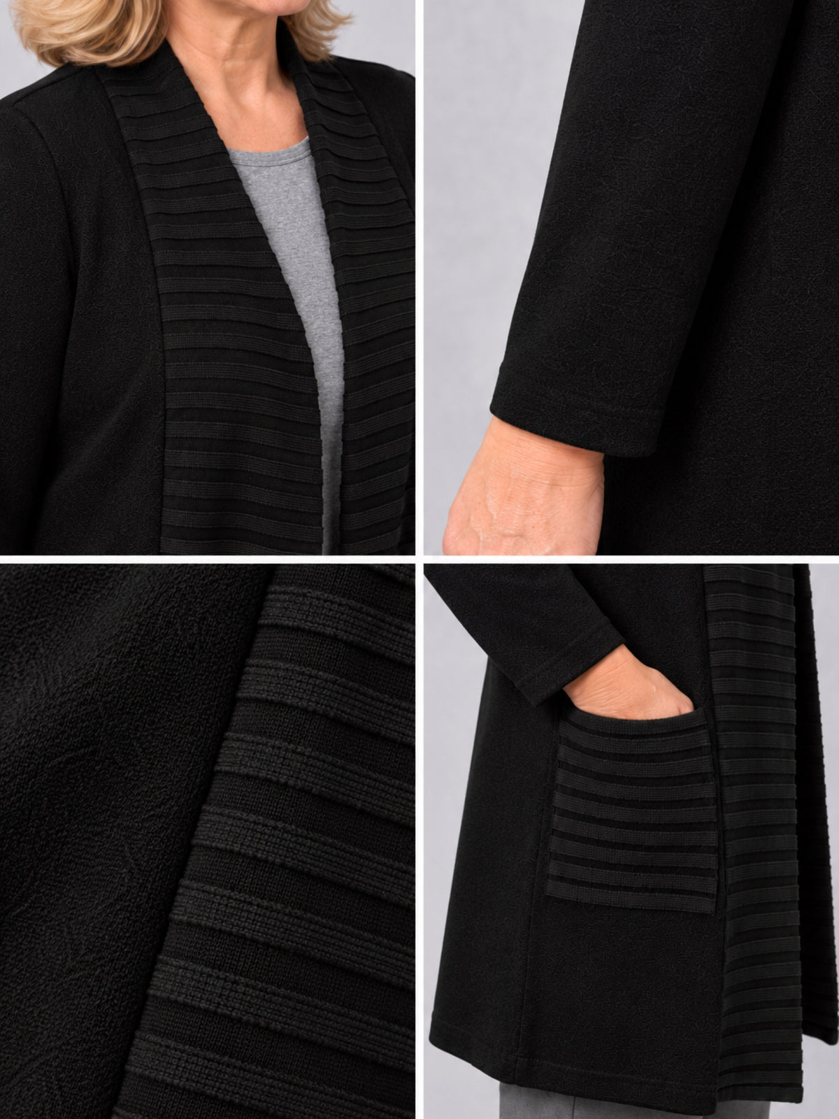 Querrippen an Kragen und Tasche der schwarzen Feinstrickjacke, Detailansicht