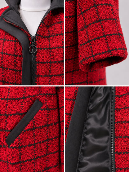 Ringzipper, Bouclé-Ärmel, paspelierte Tasche und schwarzes Taftfutter des roten Mantels, Detailansicht