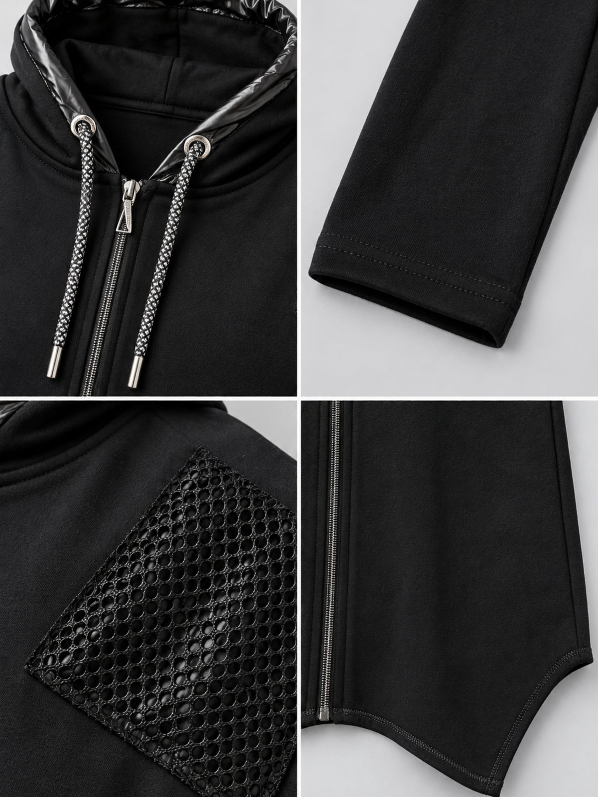 Lea H Curve Sweatjacke mit Netz, Straß und Zipfelsaum – Schwarz Gr. 44–54