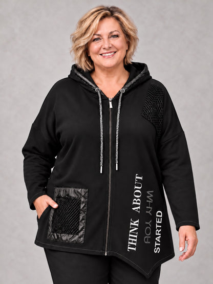 Lea H Curve Sweatjacke mit Netz, Straß und Zipfelsaum – Schwarz Gr. 44–54