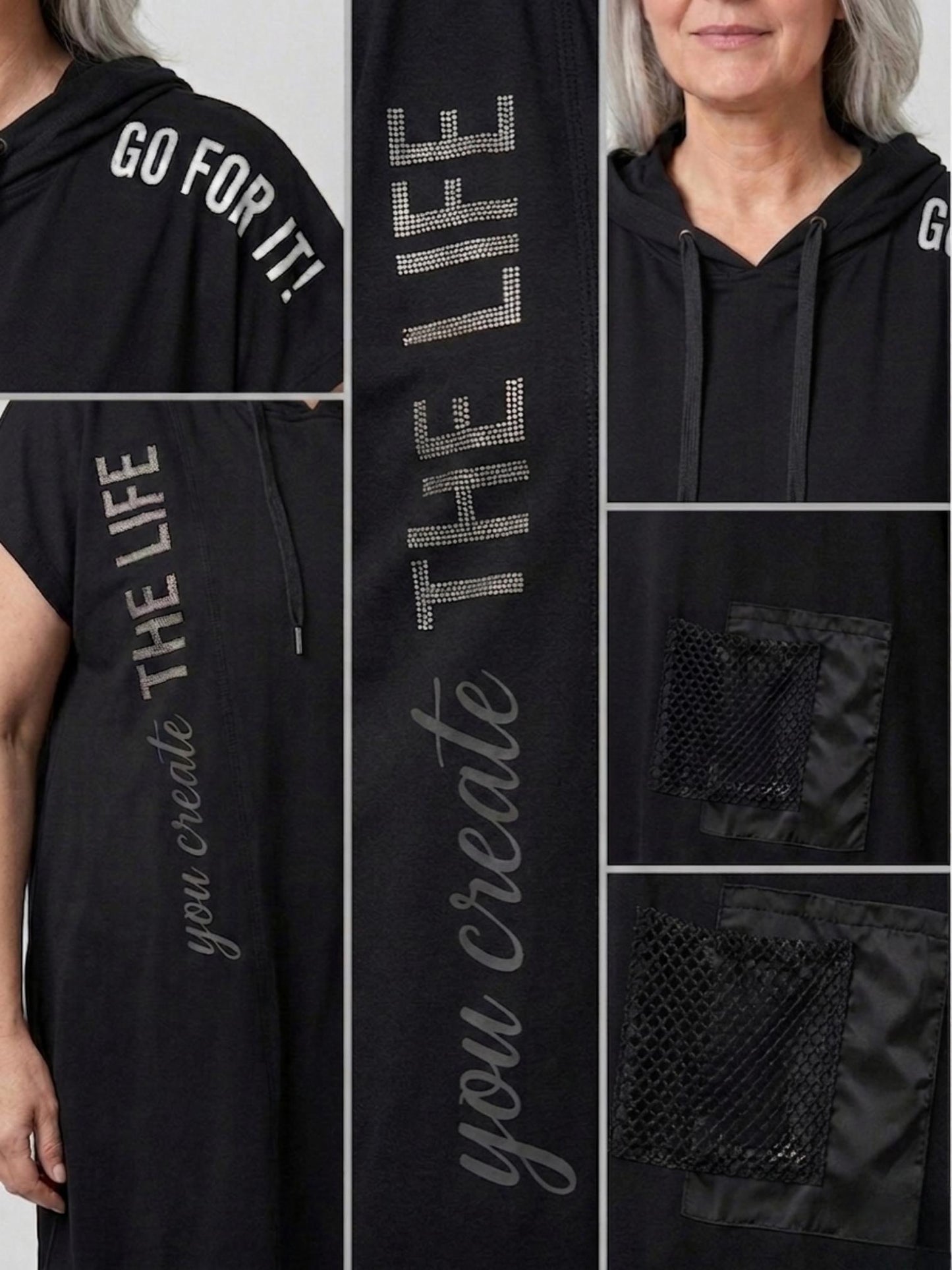 Lea H Curve Hoodie-Shirt „you create THE LIFE" – Oversize-Schnitt mit Kapuze, Schwarz und Weiß