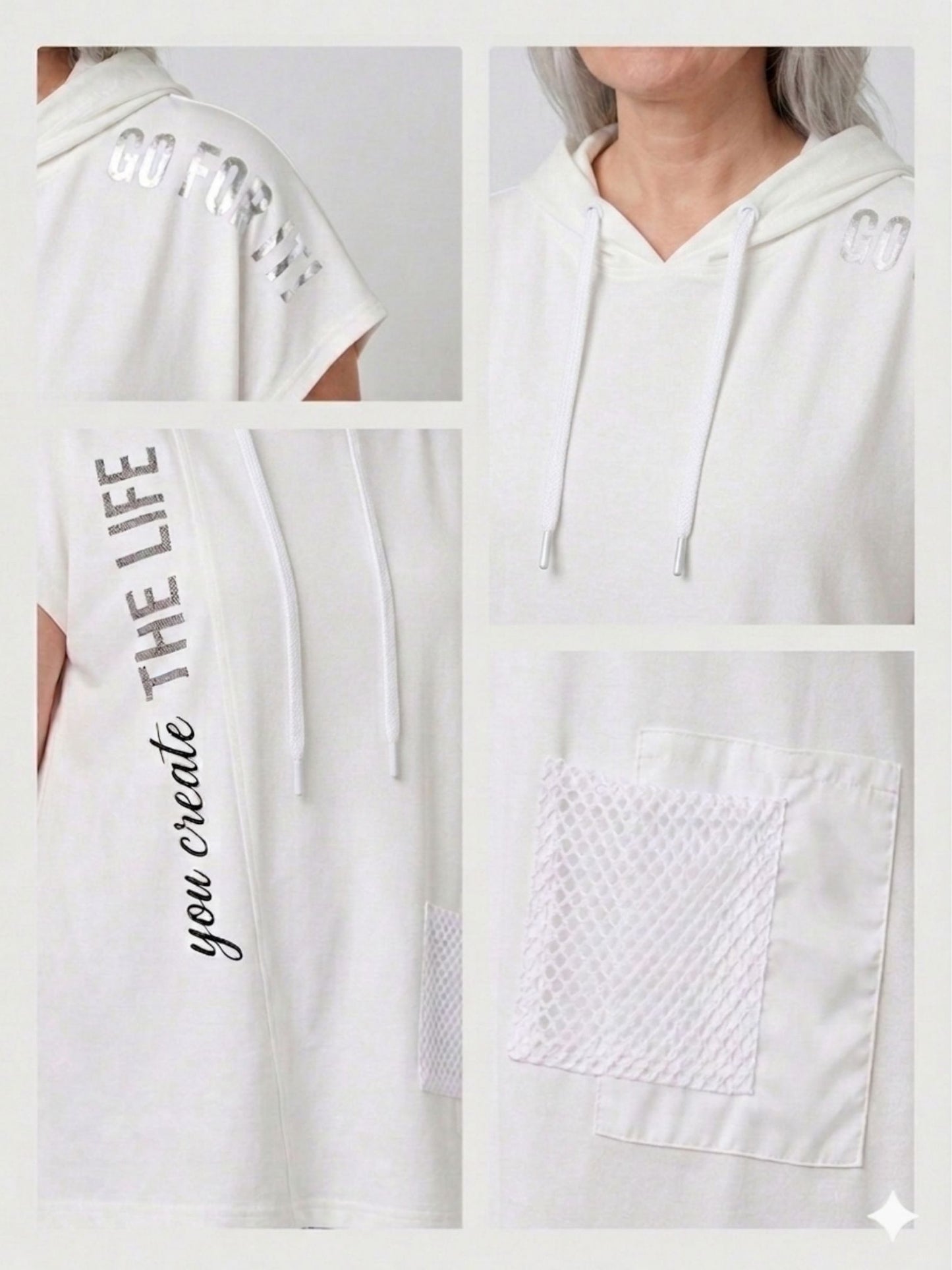 Lea H Curve Hoodie-Shirt „you create THE LIFE" – Oversize-Schnitt mit Kapuze, Schwarz und Weiß