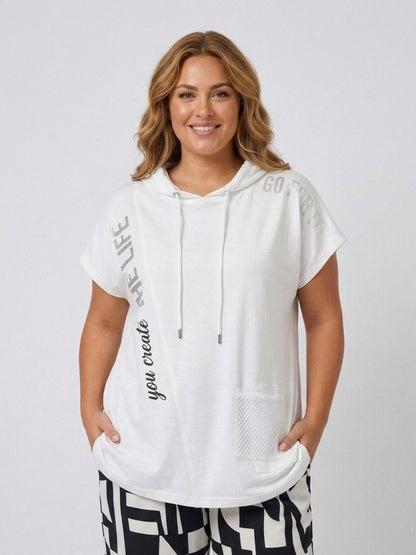 Lea H Curve Hoodie-Shirt „you create THE LIFE" – Oversize-Schnitt mit Kapuze, Schwarz und Weiß