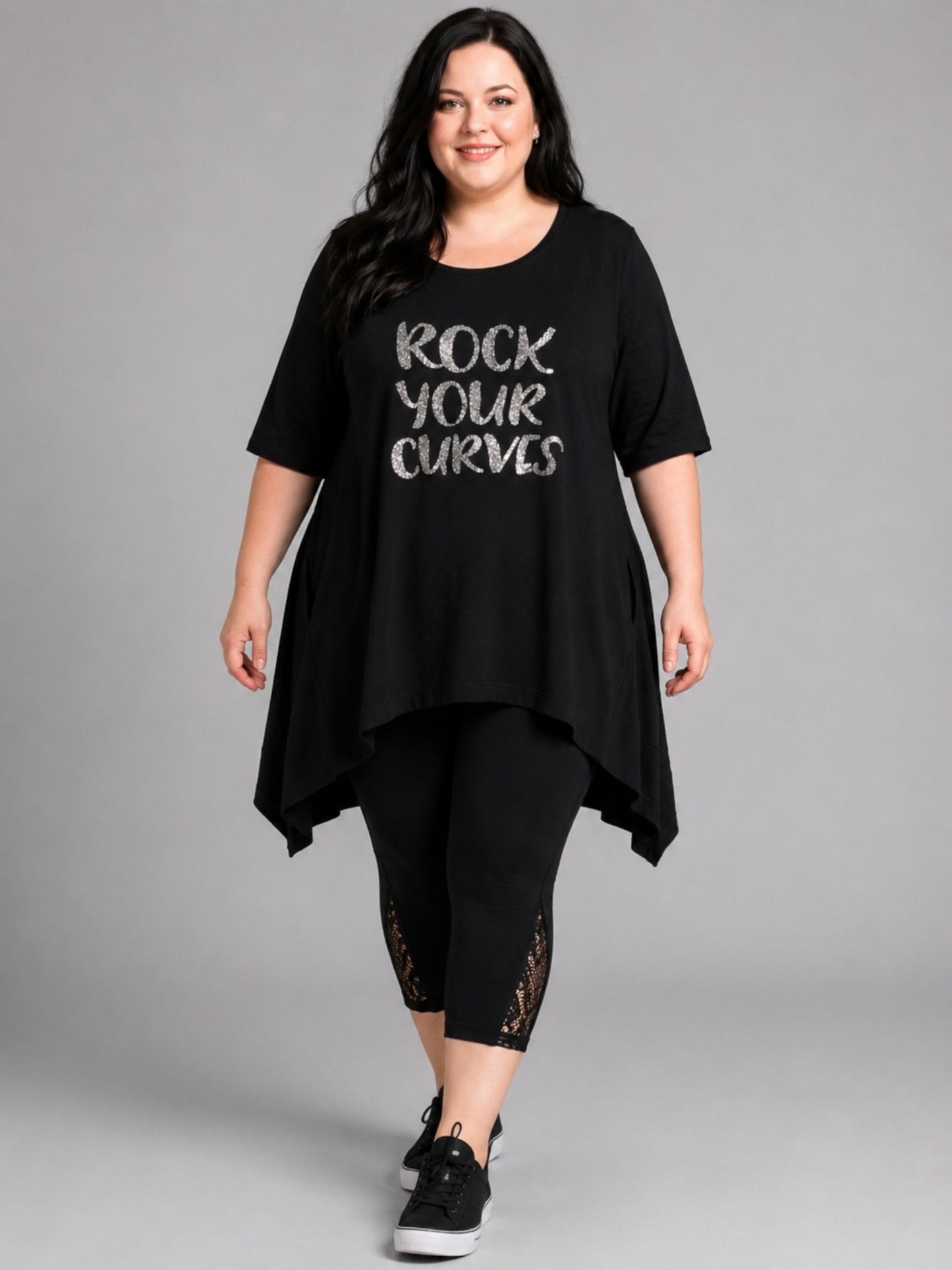 Lea H Curve Leggings 3/4-Länge mit Spitzeneinsatz – Schwarz & Weiß – Gr. 44–54