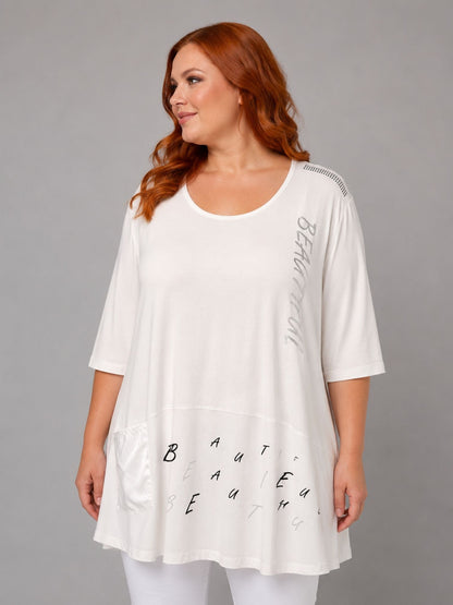 Lea H Curve Longshirt „Beautiful" – Schwarz & Weiß | Print, Straß & Lurex | Große Größen