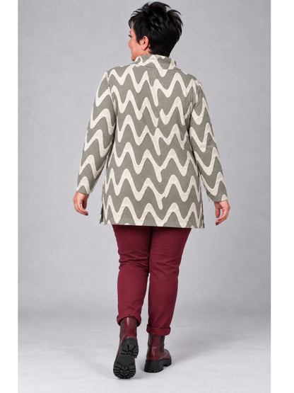 Lea H Curve Pullover mit erhabenem Wellenmuster und Stehkragen – Khaki/Creme Gr. 44–54